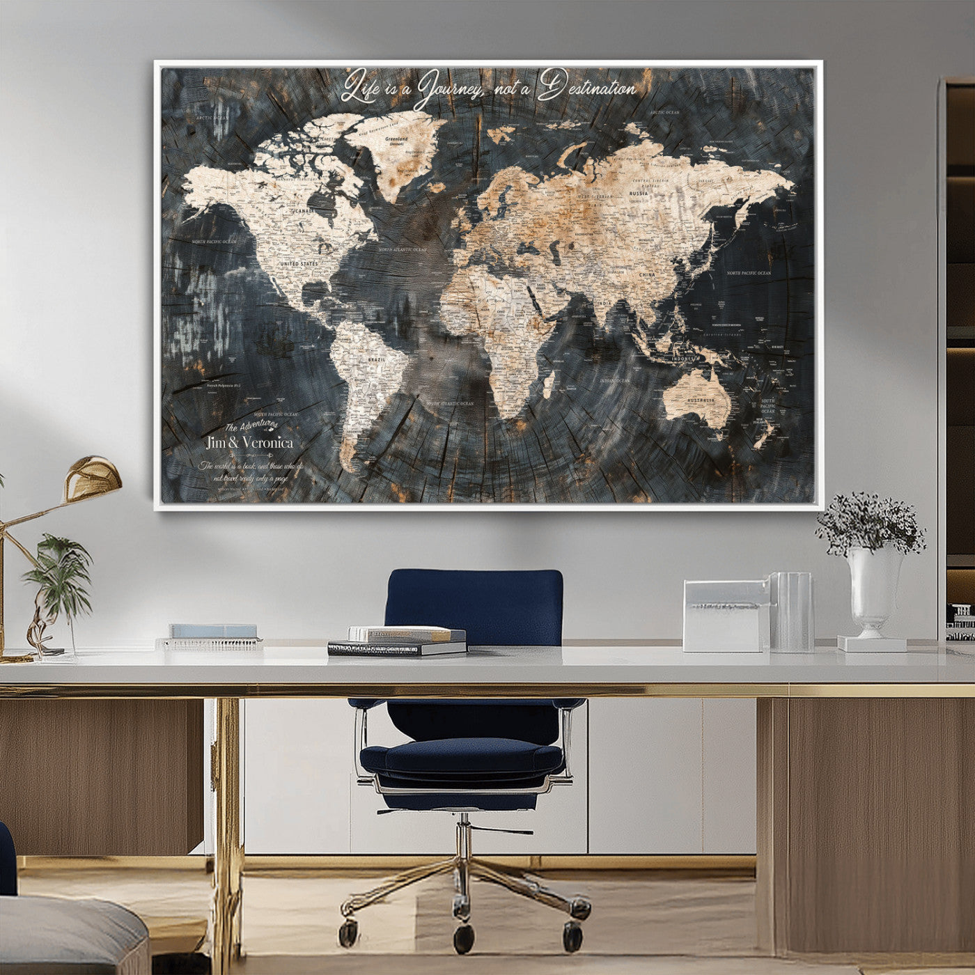 55548943-MGV-CV-36X24-Personalized World Map Wall Art – Rustic Wood Texture Adventure Travel Map with Custom Couple Names, Vintage Dark Wall Decor for