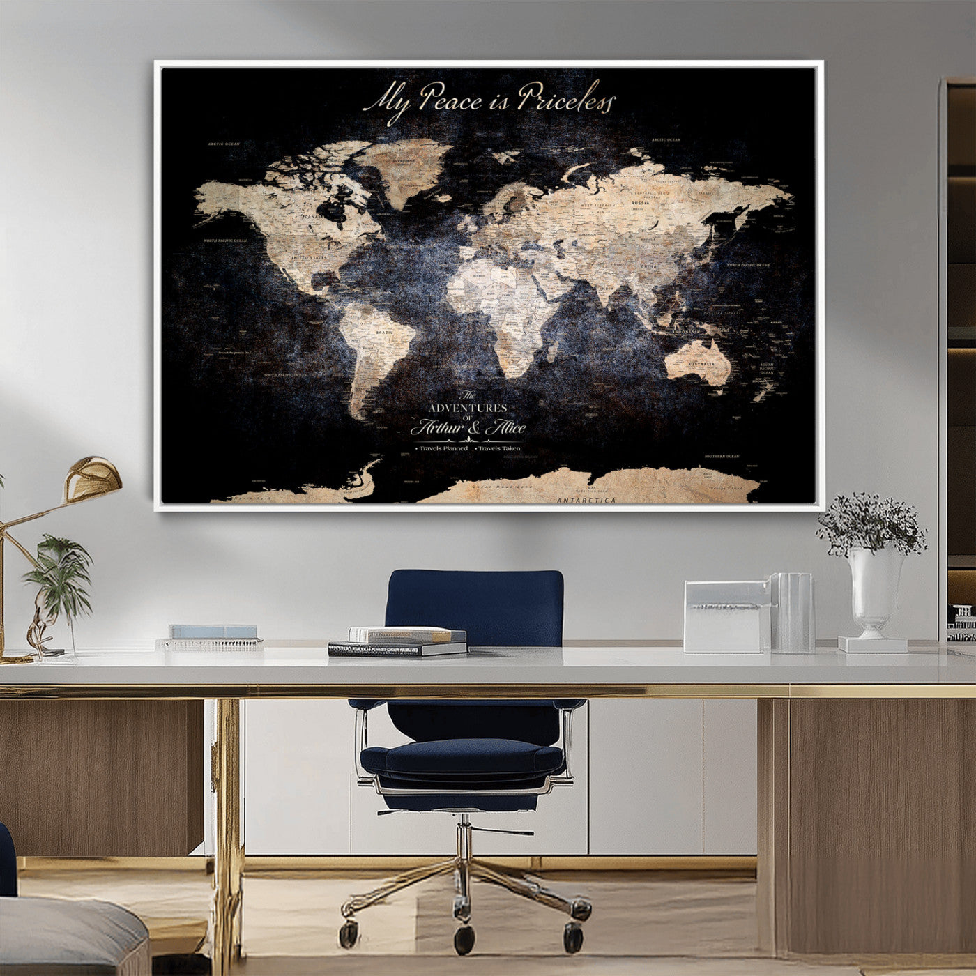 51488142-MGV-CV-36X24-Personalized World Map Wall Art – Dark Rustic Adventure Travel Map with Custom Names, Vintage Wall Decor for Couples, Families or