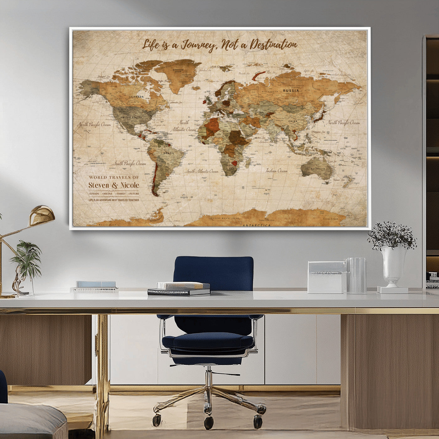 75179116-MGV-CV-36X24-Personalized World Map Wall Art – Rustic Vintage Travel Map with Custom Names, Inspirational Adventure Décor for Couples, Families