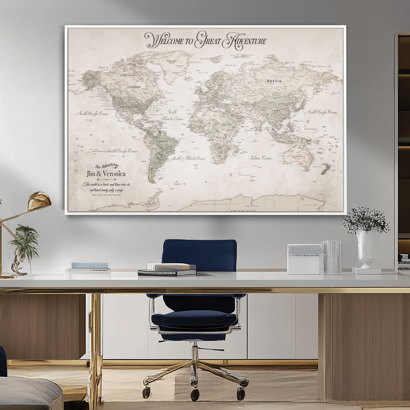 93034948-MGV-CV-36X24-Personalized World Map Wall Art – Vintage Beige Adventure Travel Map with Custom Names, Elegant Push Pin Canvas for Couples,