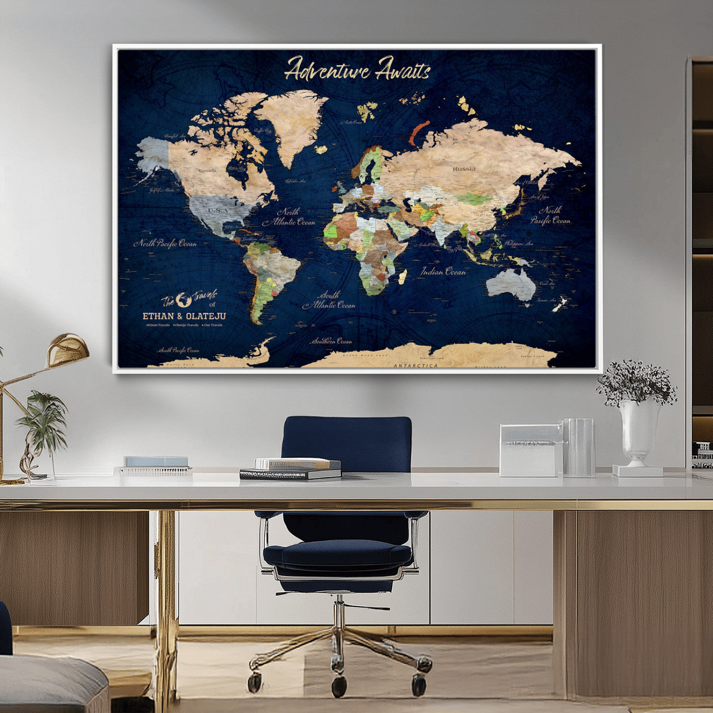 80965072-MGV-CV-36X24-Personalized World Map Wall Art – Adventure Awaits Navy Blue Travel Map with Custom Names, Rustic Vintage Wall Decor for Couples,