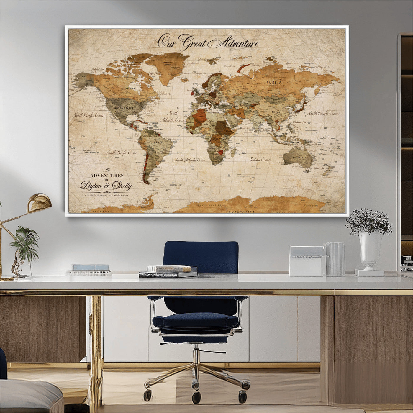 91961147-MGV-CV-36X24-Personalized World Map Wall Art – Vintage Sepia Adventure Travel Map with Custom Couple Names, Rustic Wall Decor for Home, Couples
