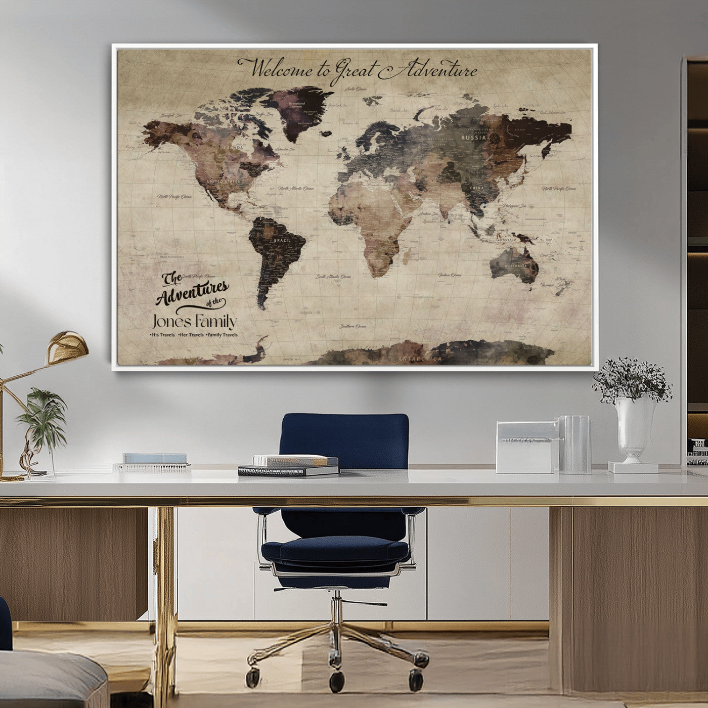 78610079-MGV-FC-36X24_White-Personalized World Map Wall Art – Vintage Rustic Travel Map with Custom Family Name, Adventure Wall Decor for Home, Family Gift or