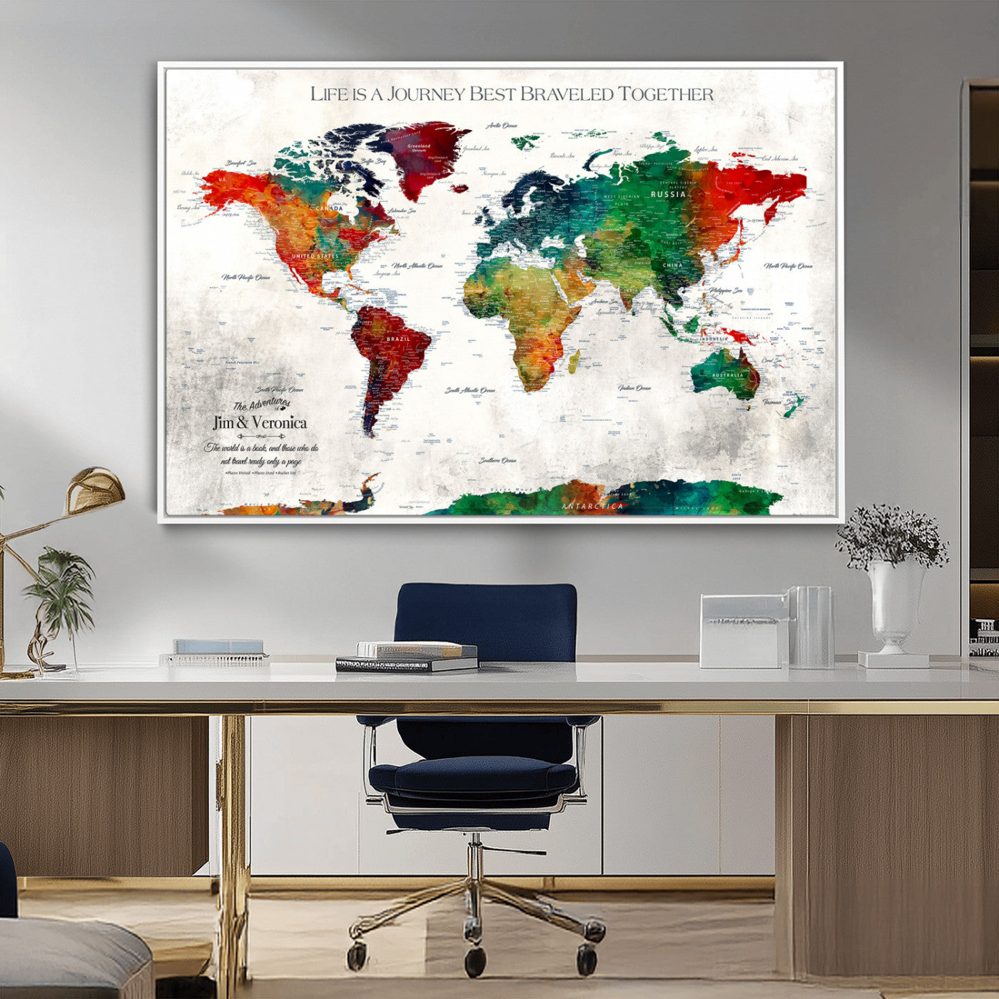 95876117-MGV-CV-36X24-Personalized World Map Wall Art – Colorful Watercolor Travel Map with Custom Names, Romantic Wall Decor for Couples, Wedding or