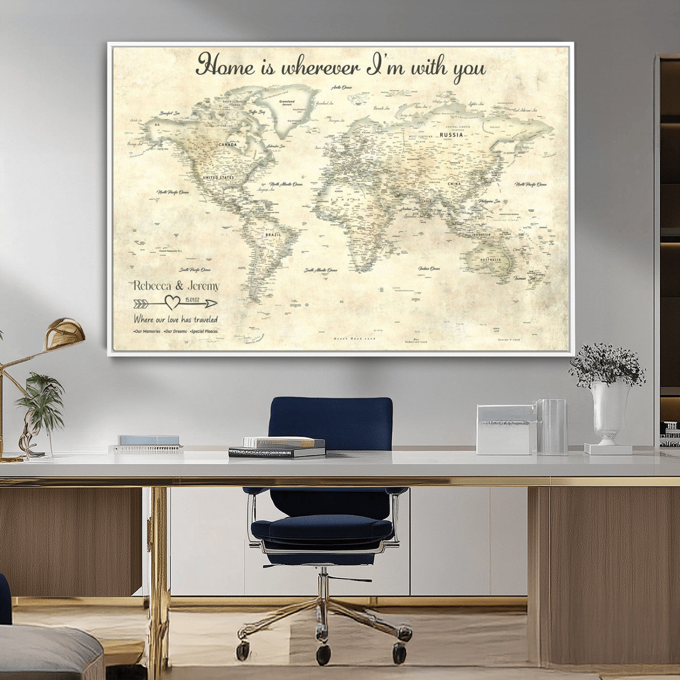 35009043-MGV-CV-36X24-Personalized World Map Wall Art – Vintage Beige Travel Map with Custom Names and Date, Romantic Anniversary Gift for Couples Home