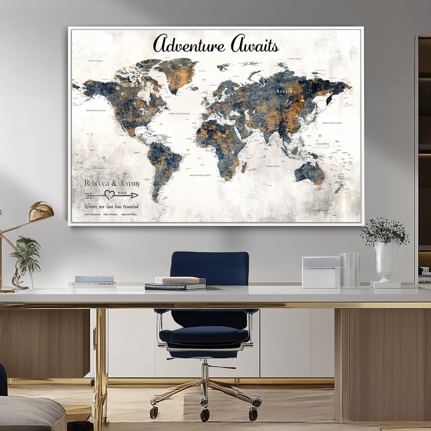 11751559-MGV-CV-36X24-Personalized World Map Wall Art – Elegant Adventure Travel Tracker Map for Couples & Families, Push Pin Canvas Poster Decor for Home, Office
