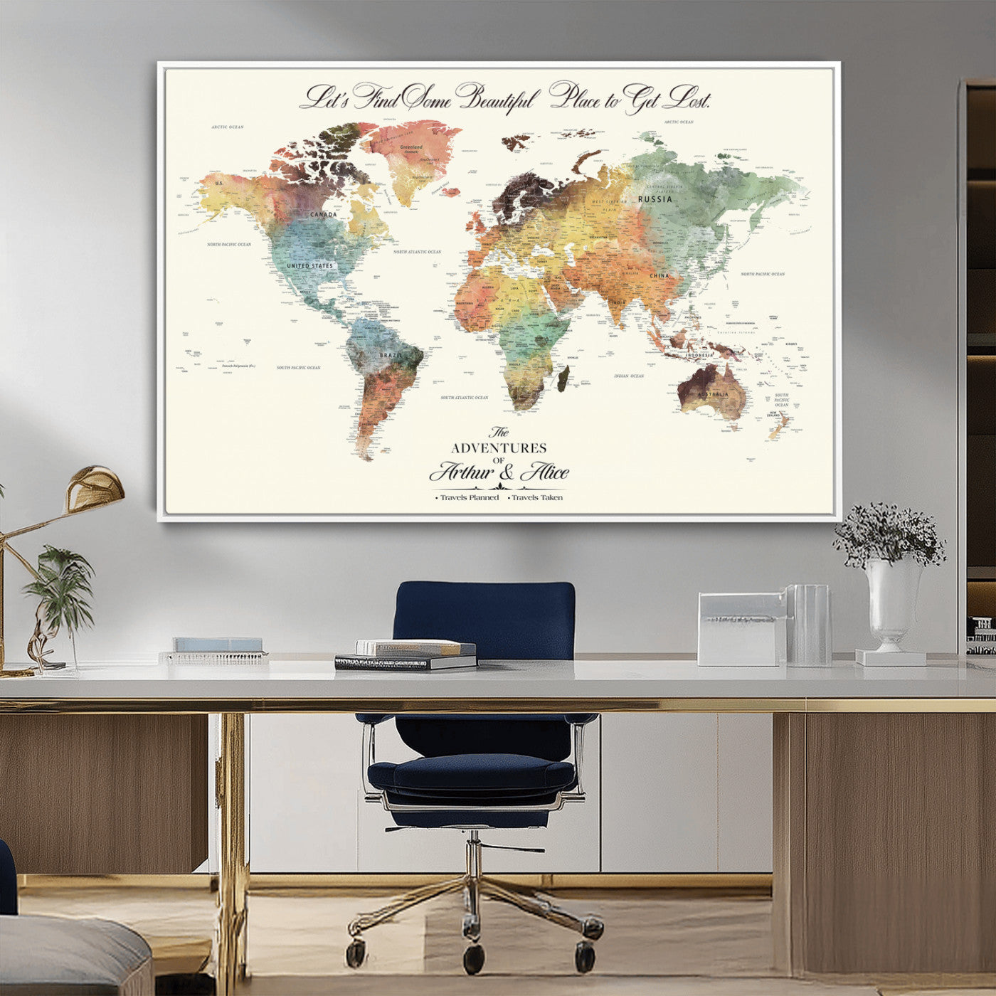 10311652-MGV-CV-36X24-Personalized World Map Wall Art - Watercolor Travel Map with Custom Names Minimalist Design for Couples&Families - Decor for Home,