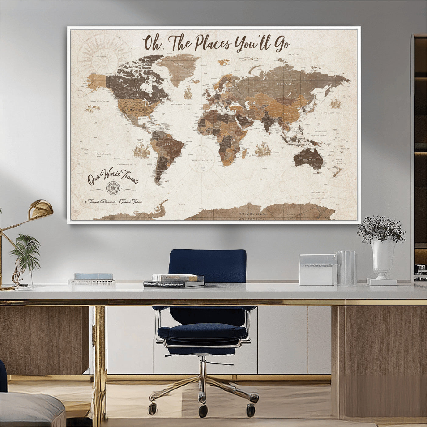 14140137-MGV-CV-36X24-Personalized World Map Wall Art – Vintage Nautical Adventure Map with Ships and Compass, Rustic Sepia Tones for Travel Lovers and