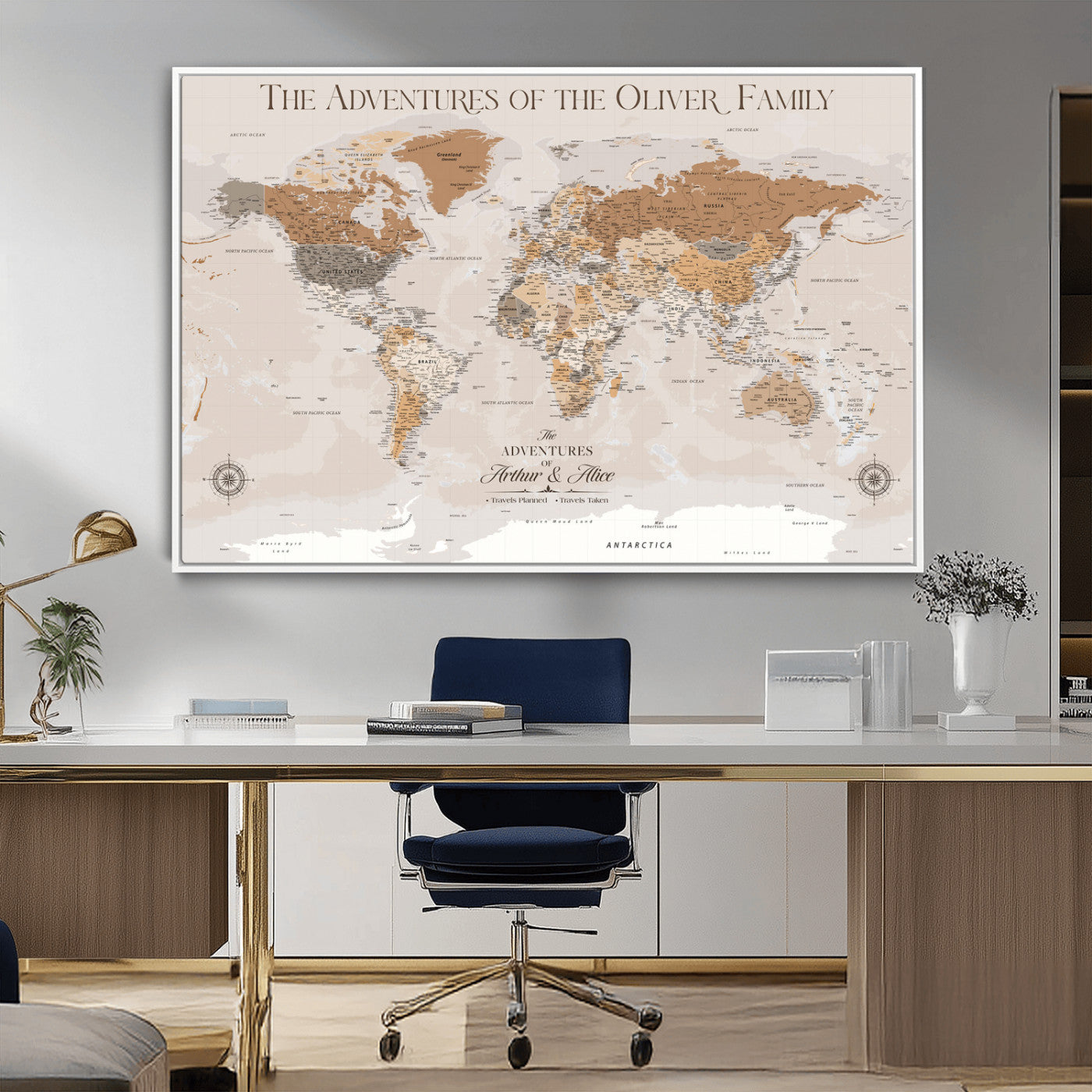 34289723-MGV-CV-36X24-Personalized World Map Wall Art – Elegant Beige and Brown Adventure Map Canvas Print for Family Home, Living Room, Study or Office