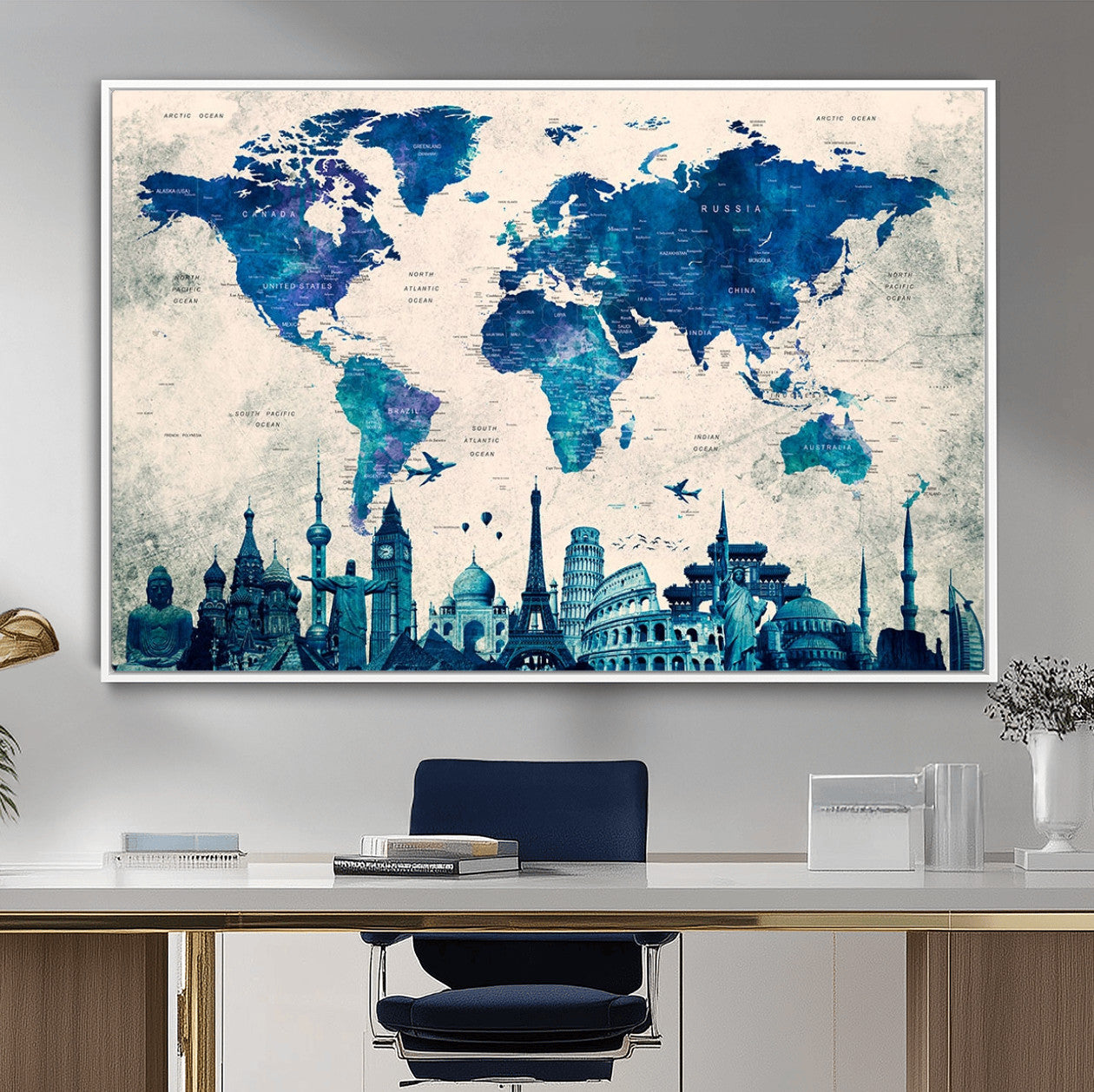MGV-FC-36X24 - Blue World Map Wall Art Canvas Print, Framed Iconic Landmarks Art Picture Print, Blue Globe Map Perfect Elegant Explorer Decor Artwork