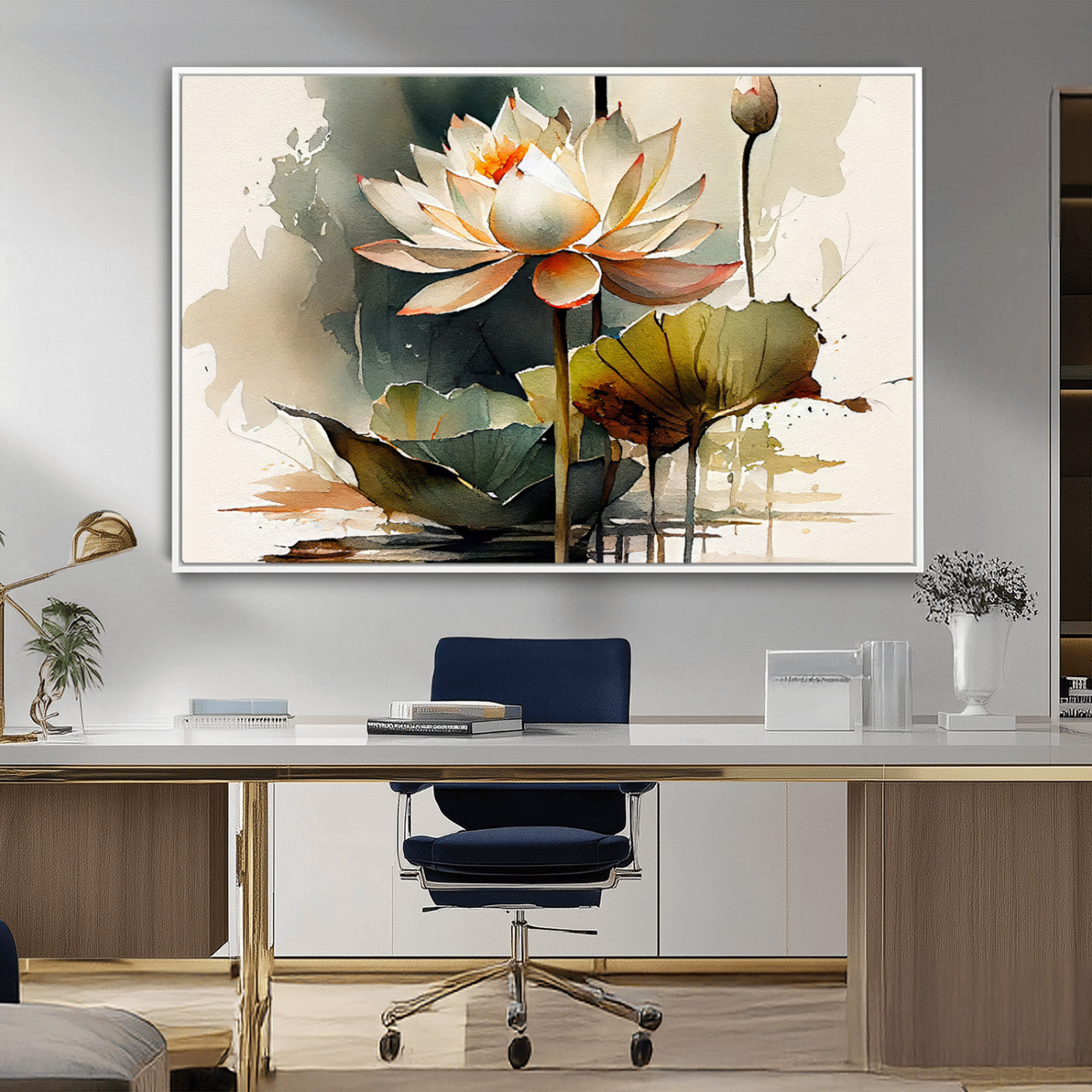 46359-MGV-CV-36X24-Lotus Blossom Wall Art Canvas Print, Framed Water Lily Art Picture Print, Zen Flower Perfect Zen Botanical Decor Artwork