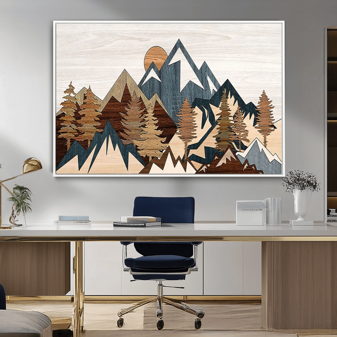 80300-MGV-CV-36X24-Geometric Mountains Wall Art Canvas Print, Framed Stylized Trees Art Picture Print, Graphic Forest Perfect Rustic Abstract Decor