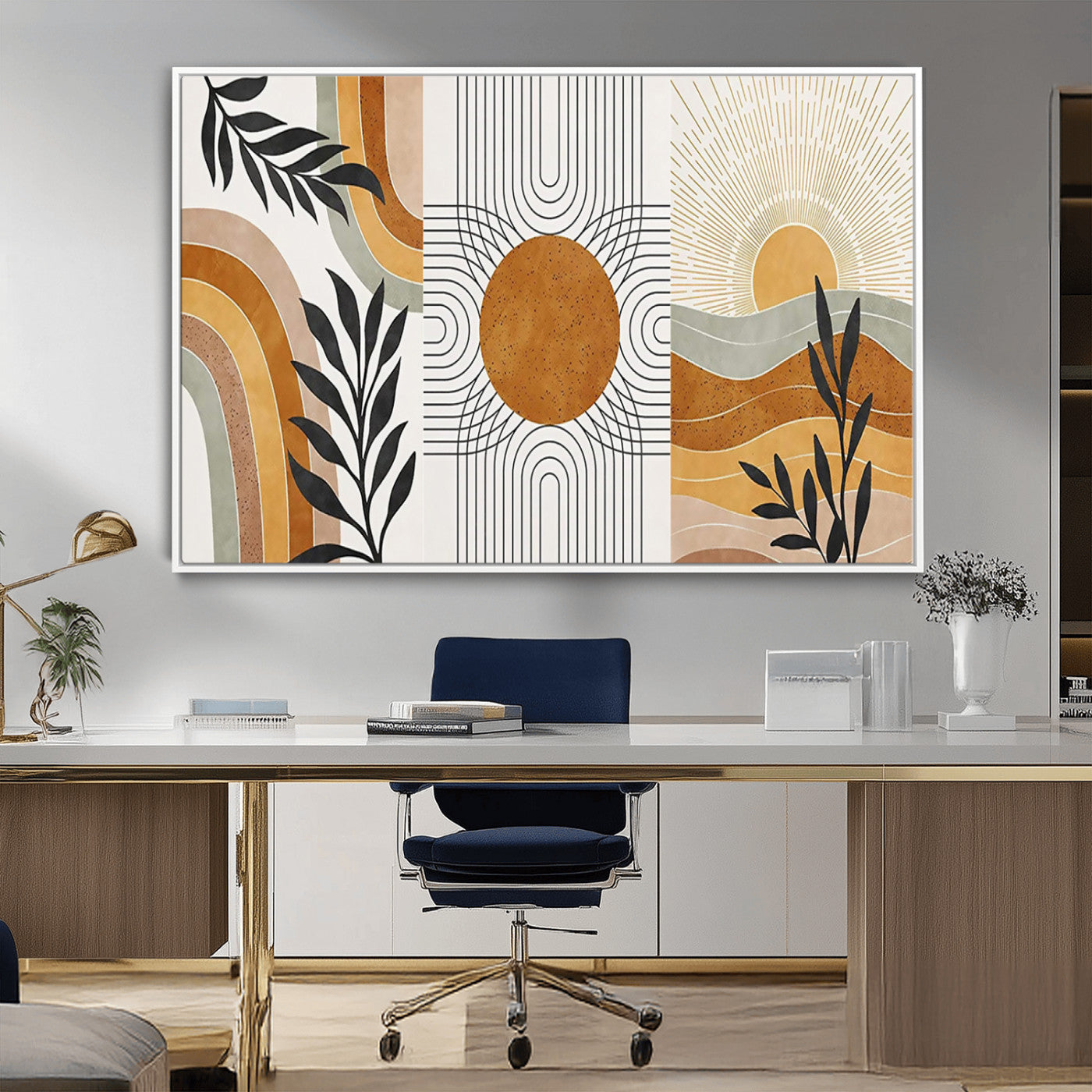 32359-MGV-CV-36X24-Modern Sun Wall Art Canvas Print, Framed Retro Horizon Art Picture Print, Sunburst Design Perfect Mid Century Boho Decor Artwork