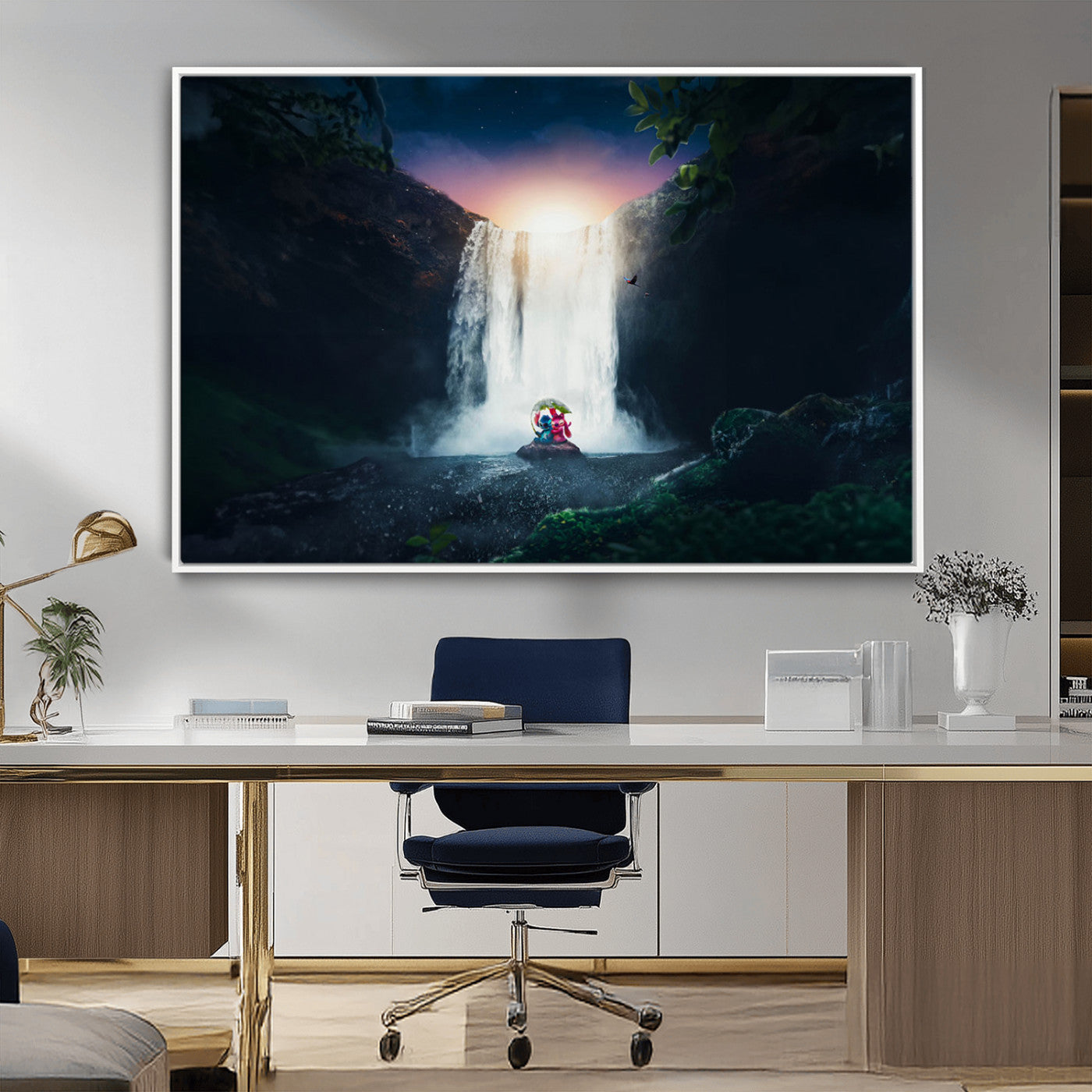 56359-MGV-CV-36X24-Lilo Stitch Wall Art Canvas Print, Framed Stitch Angel Art Picture Print, Cartoon Waterfall Perfect Tropical Fantasy Decor Artwork