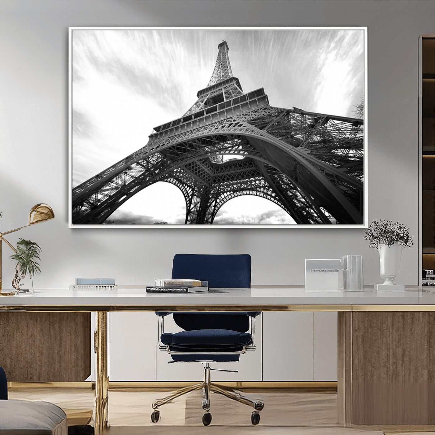 40006-MGV-CV-36X24-Eiffel Tower Wall Art – Black and White Architectural Photo Print, Paris Inspired Decor for Bedroom, Office, Studio or Modern