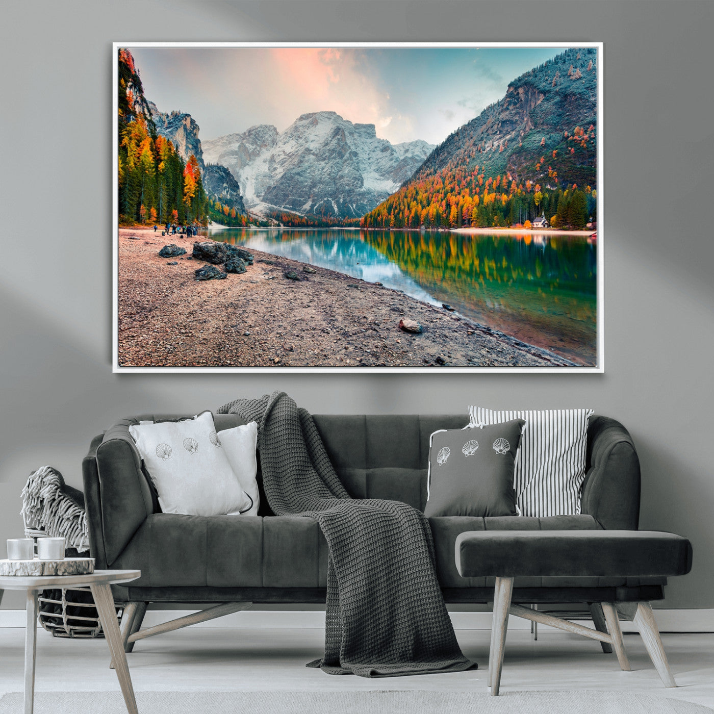 25982-MGV-CV-36X24-Autumn Mountain Lake Wall Art – Panoramic Fall Foliage and Snowy Peaks Canvas Print, Scenic Nature Decor for Living Room or Office