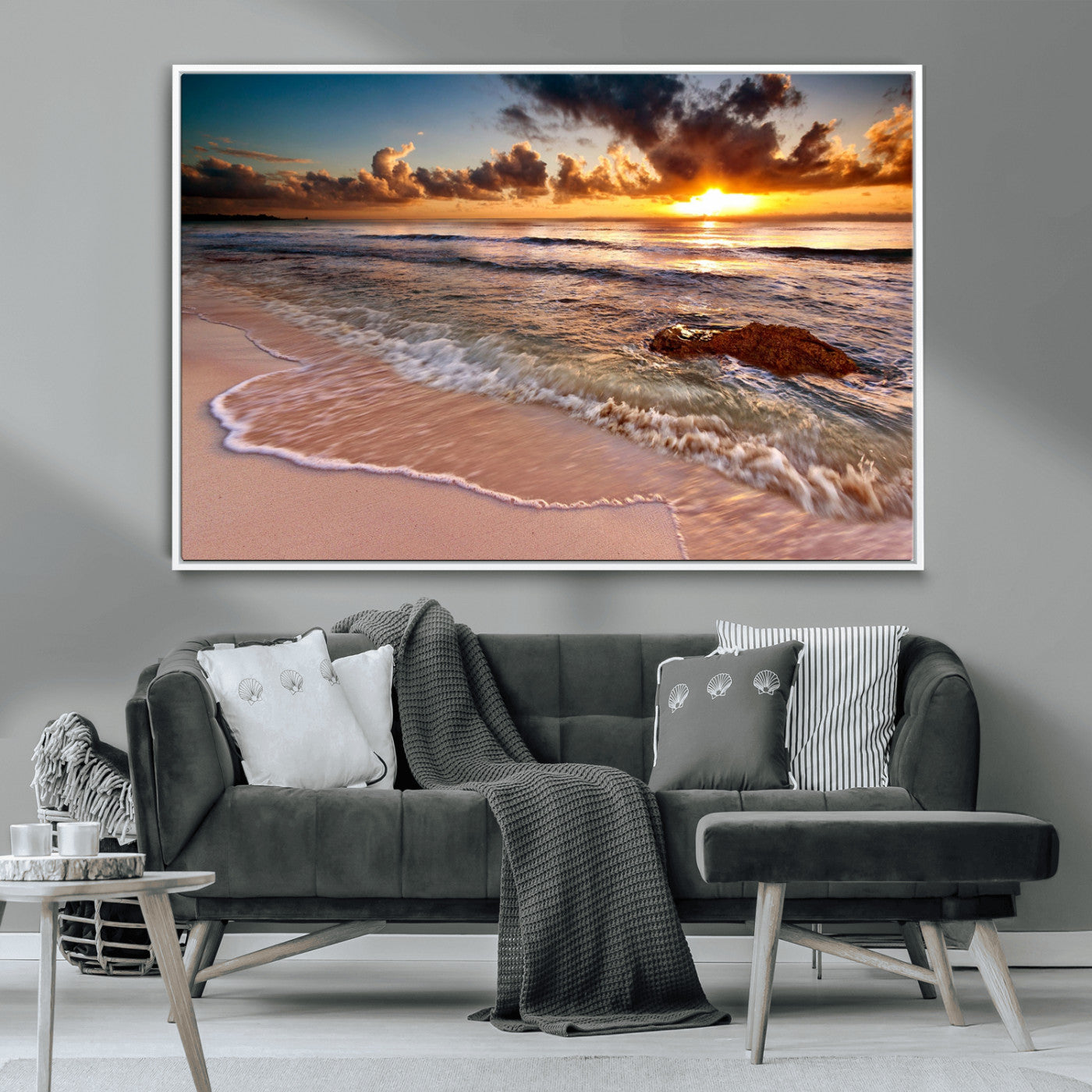 38302-MGV-CV-36X24-Sunset Beach Wall Art – Stunning Ocean Waves and Rock Canvas Print, Warm Coastal Decor for Living Room, Bedroom, Office or Beach