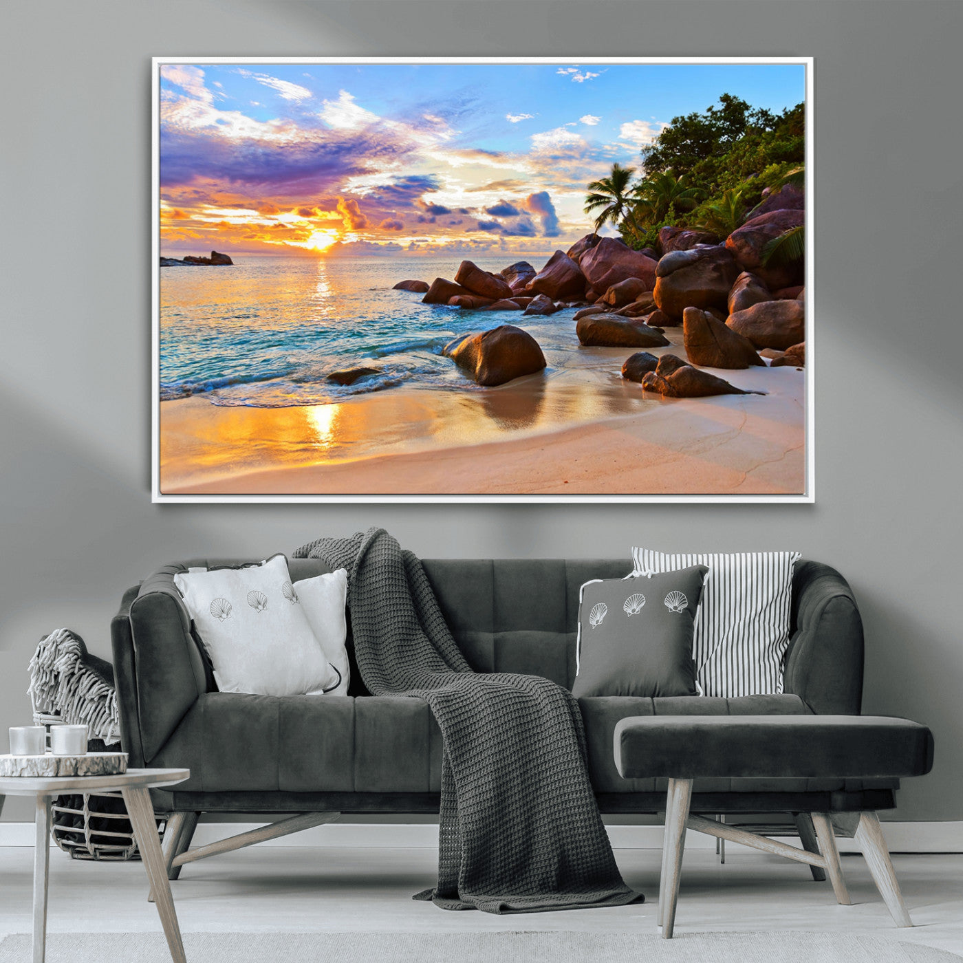 43209-MGV-CV-36X24-Tropical Beach Sunset Wall Art – Golden Ocean Waves and Palm Trees with Rocky Shore Canvas Print, Coastal Seascape Decor for