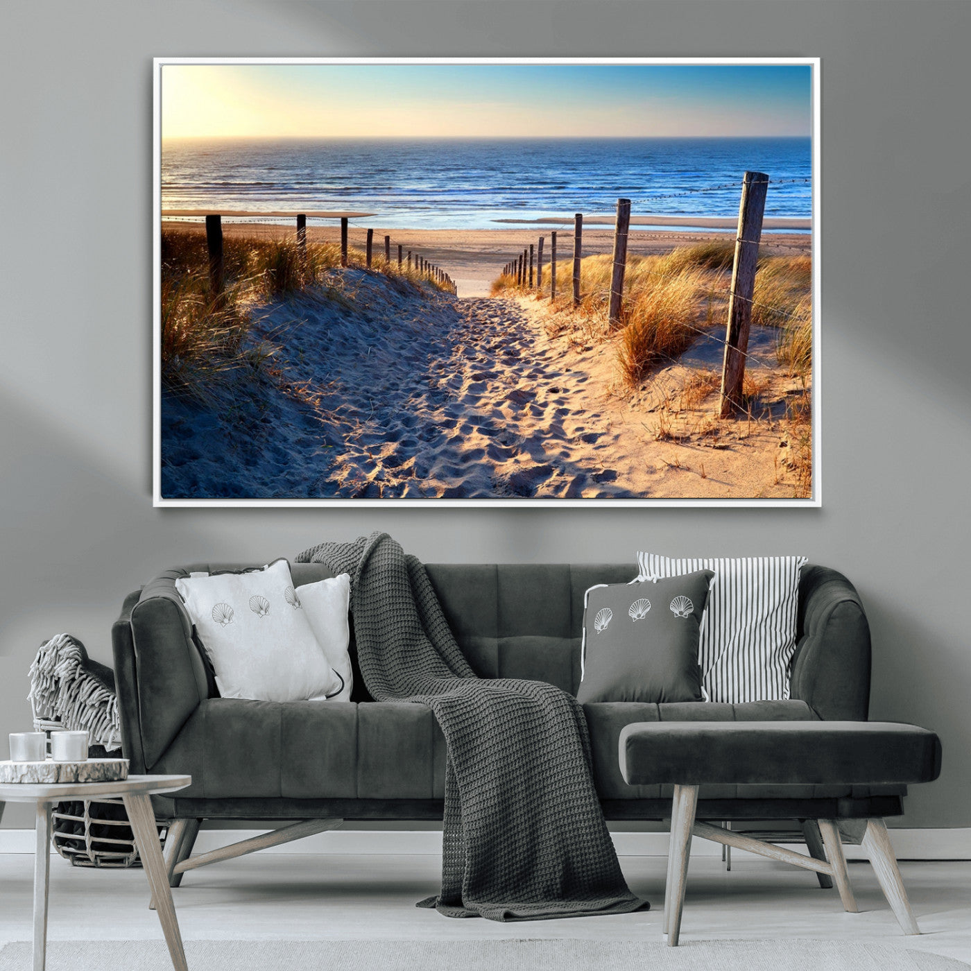 31889-MGV-CV-36X24-Sandy Beach Pathway Wall Art – Coastal Dune Fence and Ocean View Canvas Print, Relaxing Seaside Landscape Decor for Living Room or