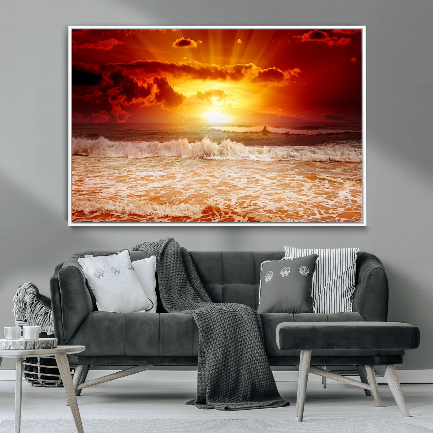 60211-MGV-CV-36X24-Fiery Sunset Ocean Waves Canvas Print – Vibrant Red & Orange Coastal Wall Art, Dramatic Seascape Decor