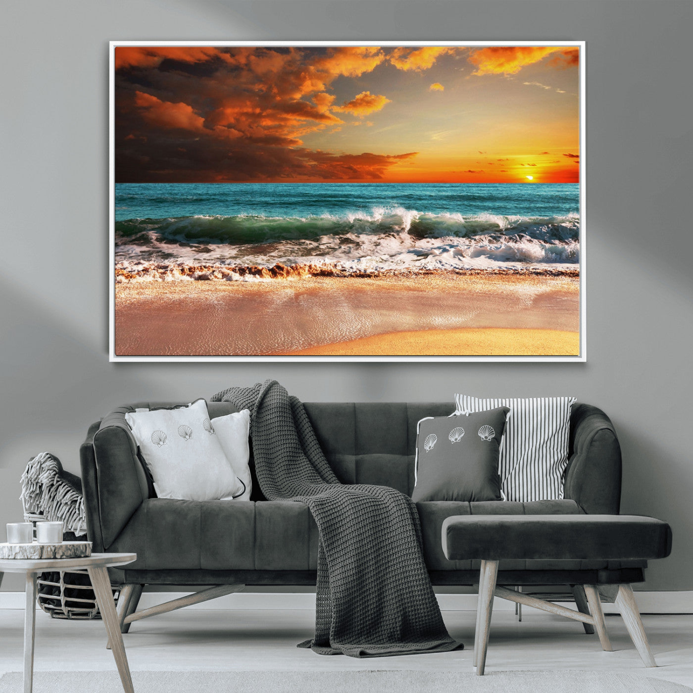 72948-MGV-CV-36X24-Ocean Sunset Wave Wall Art – Dramatic Seascape Canvas Print with Golden Sky and Crashing Waves, Coastal Beach Decor for Living