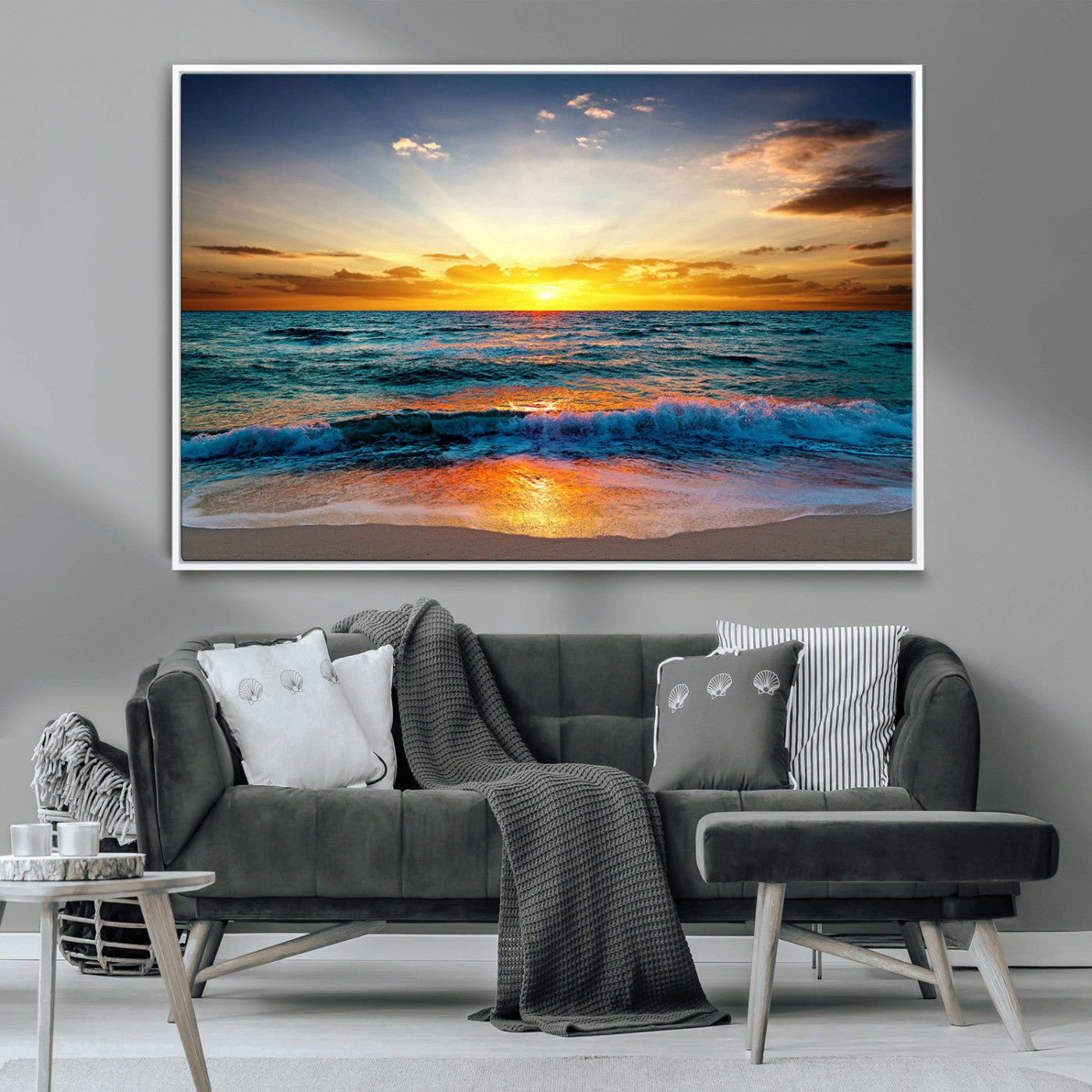 50627-MGV-CV-36X24-Ocean Sunset Wall Art – Serene Beach Canvas Print with Waves and Golden Sky, Coastal Decor for Living Room or Office