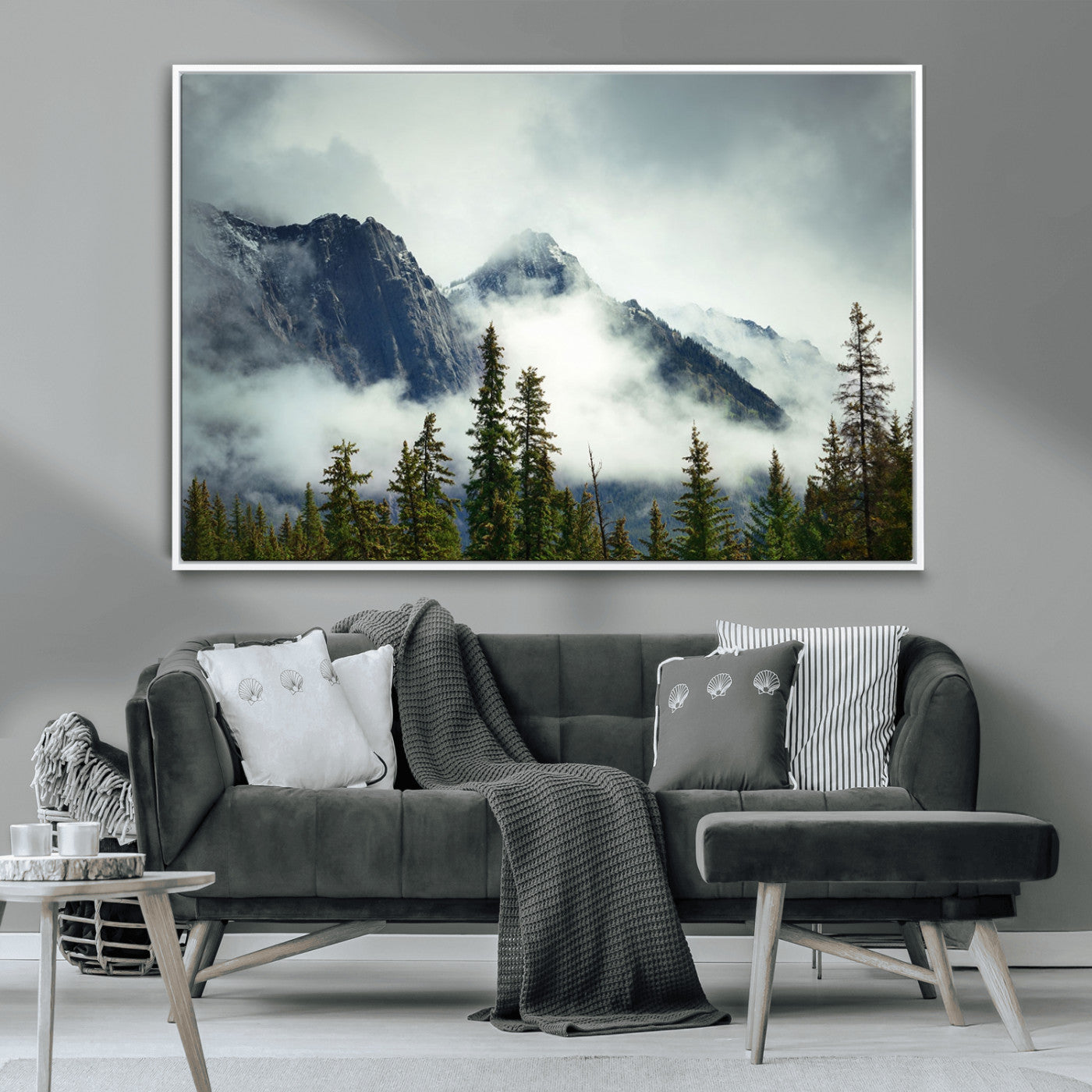 93219-MGV-CV-36X24-Misty Mountain Wall Art – Foggy Pines and Rocky Peaks Canvas Print, Nature Landscape Decor for Living Room, Office or Bedroom
