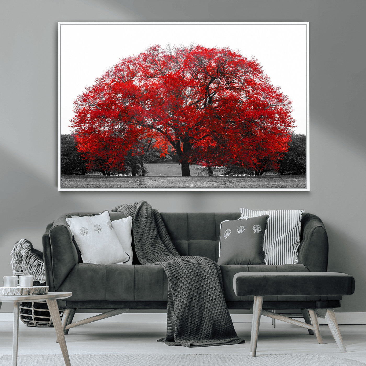 80021-MGV-CV-36X24-Red Tree Wall Art – Striking Black and White Landscape Canvas Print with Vibrant Red Leaves, Modern Nature Decor for Living Room
