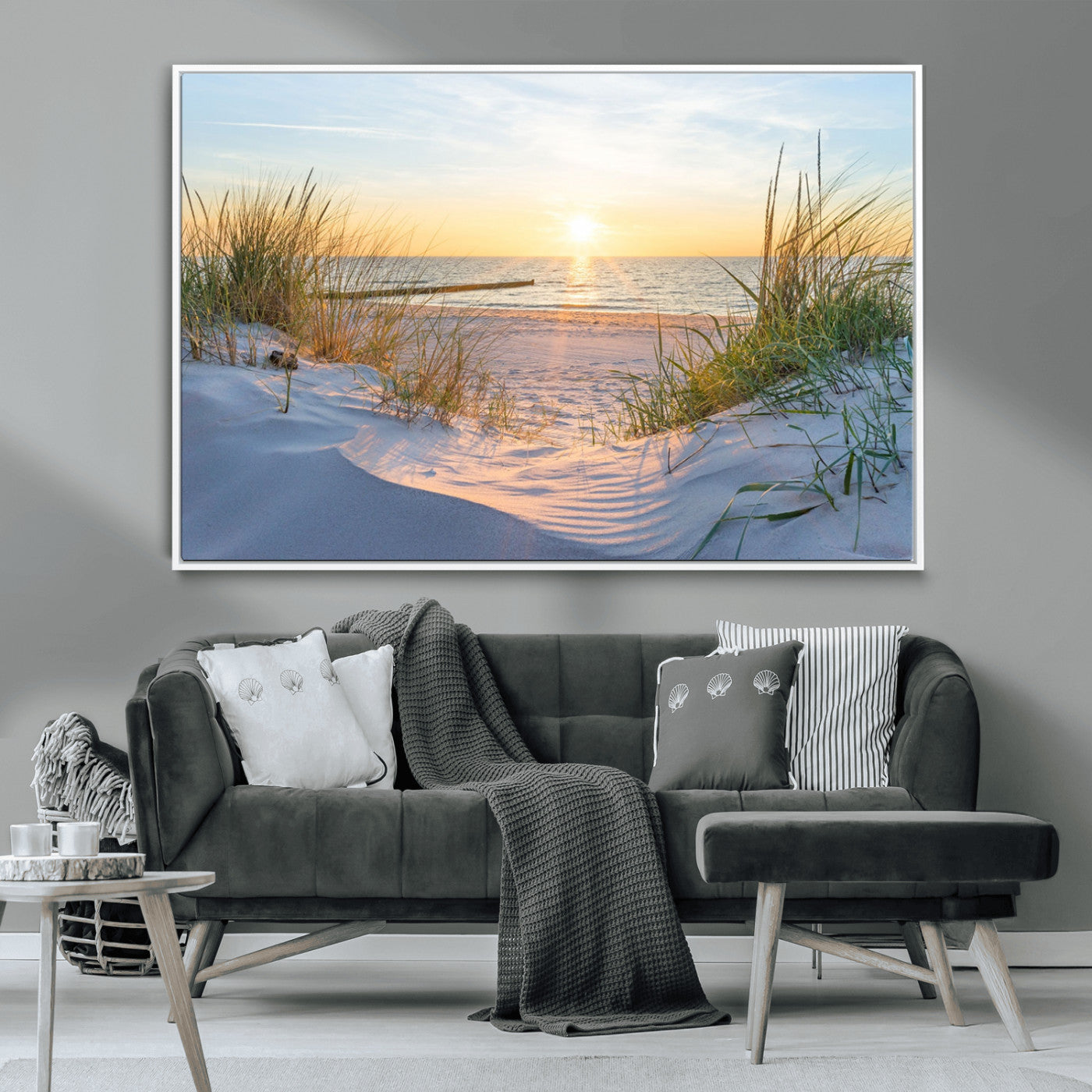 48907-MGV-CV-36X24-Beach Sunset Wall Art – Coastal Sand Dunes and Ocean View Canvas Print, Serene Seaside Landscape Painting for Living Room, Bedroom