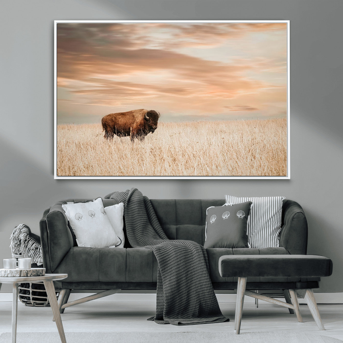 99699-MGV-CV-36X24-Bison in Prairie at Sunset – Wildlife Photography Print, American Buffalo Wall Art, Nature Landscape Canvas Decor for Office