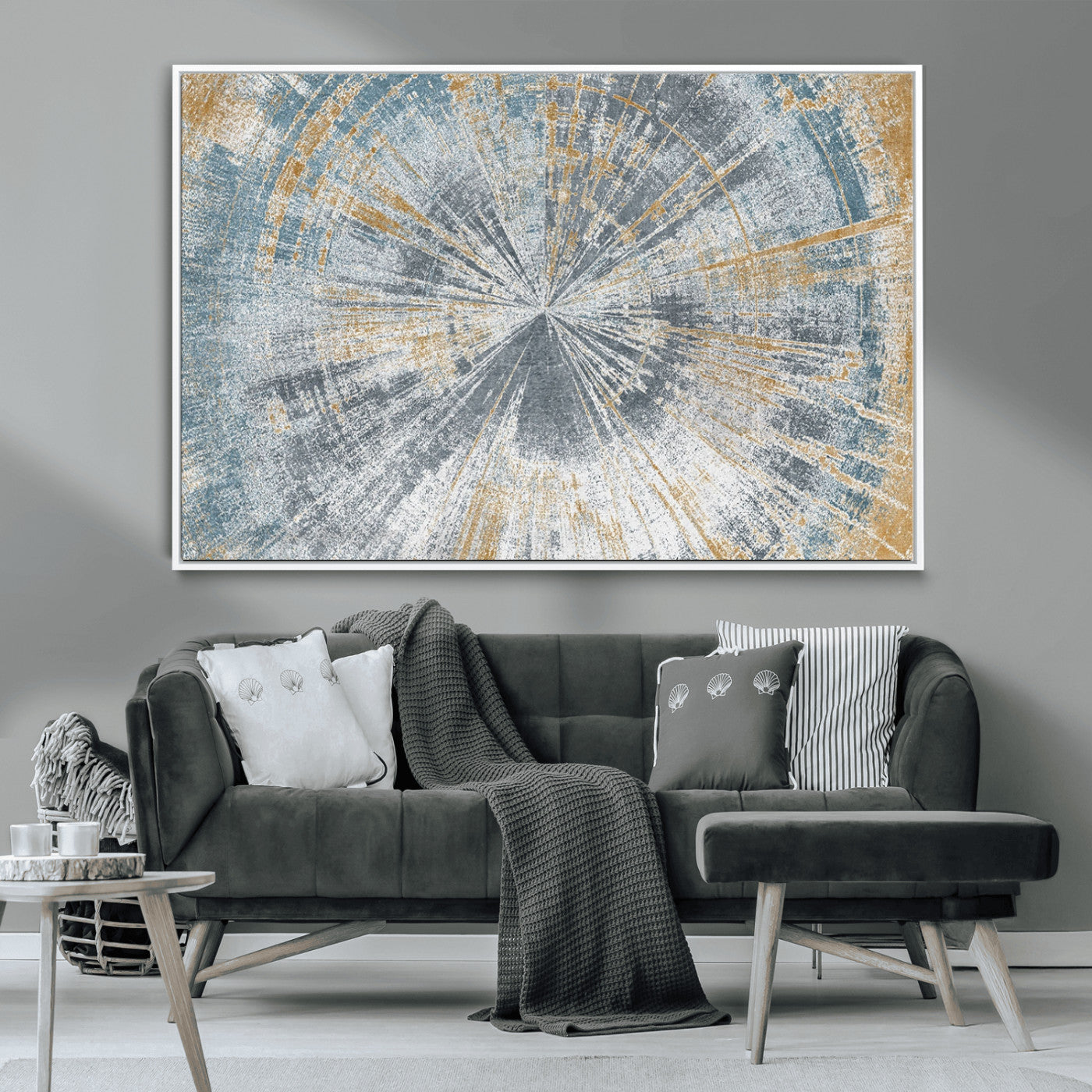 17631-MGV-CV-36X24-Radiant Burst Wall Art – Abstract Sunburst Canvas Print in Blue and Gold, Modern Geometric Painting for Living Room, Office or