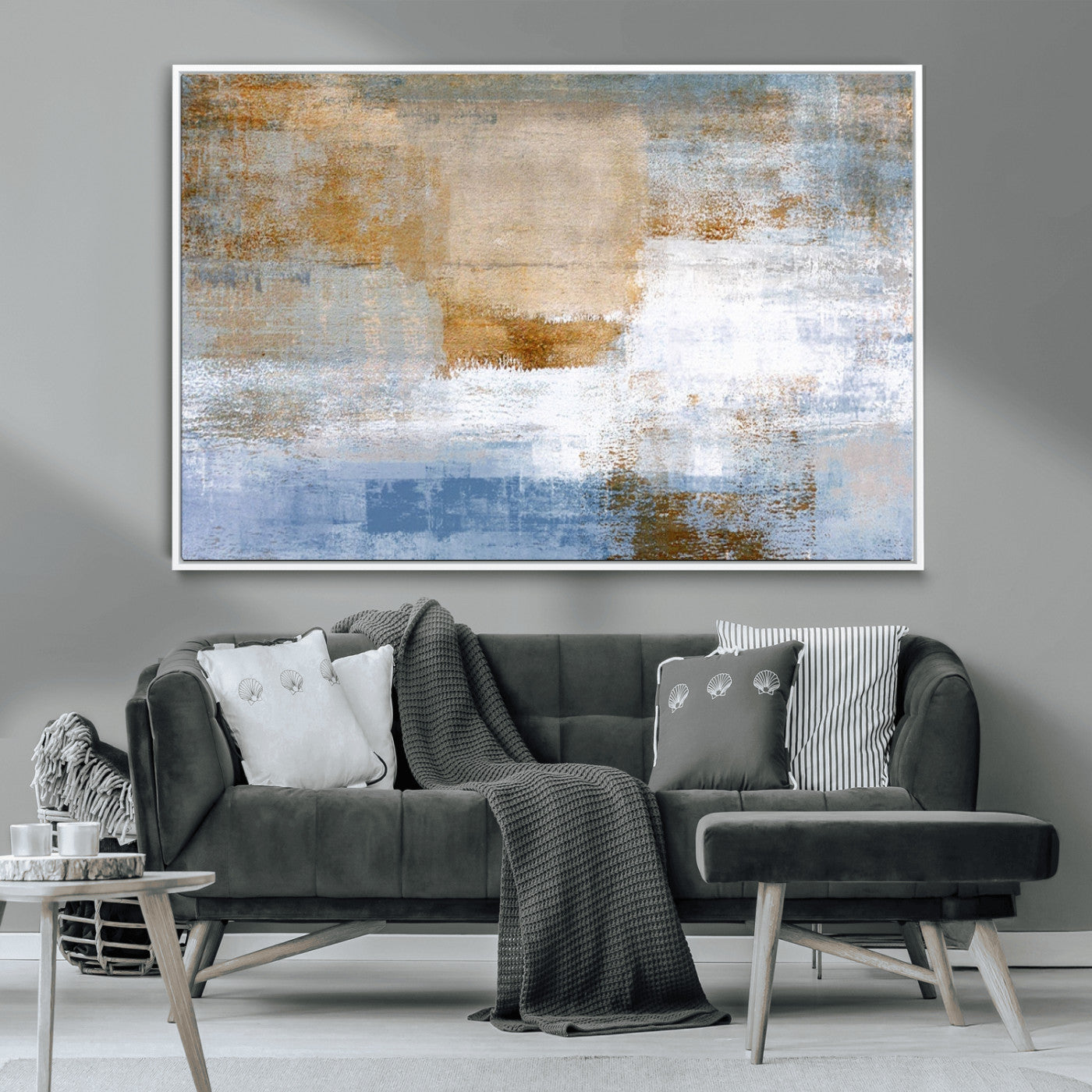72354-MGV-CV-36X24-Blue and Gold Abstract Wall Art – Modern Minimalist Canvas Print, Textured Contemporary Painting for Living Room, Bedroom, or