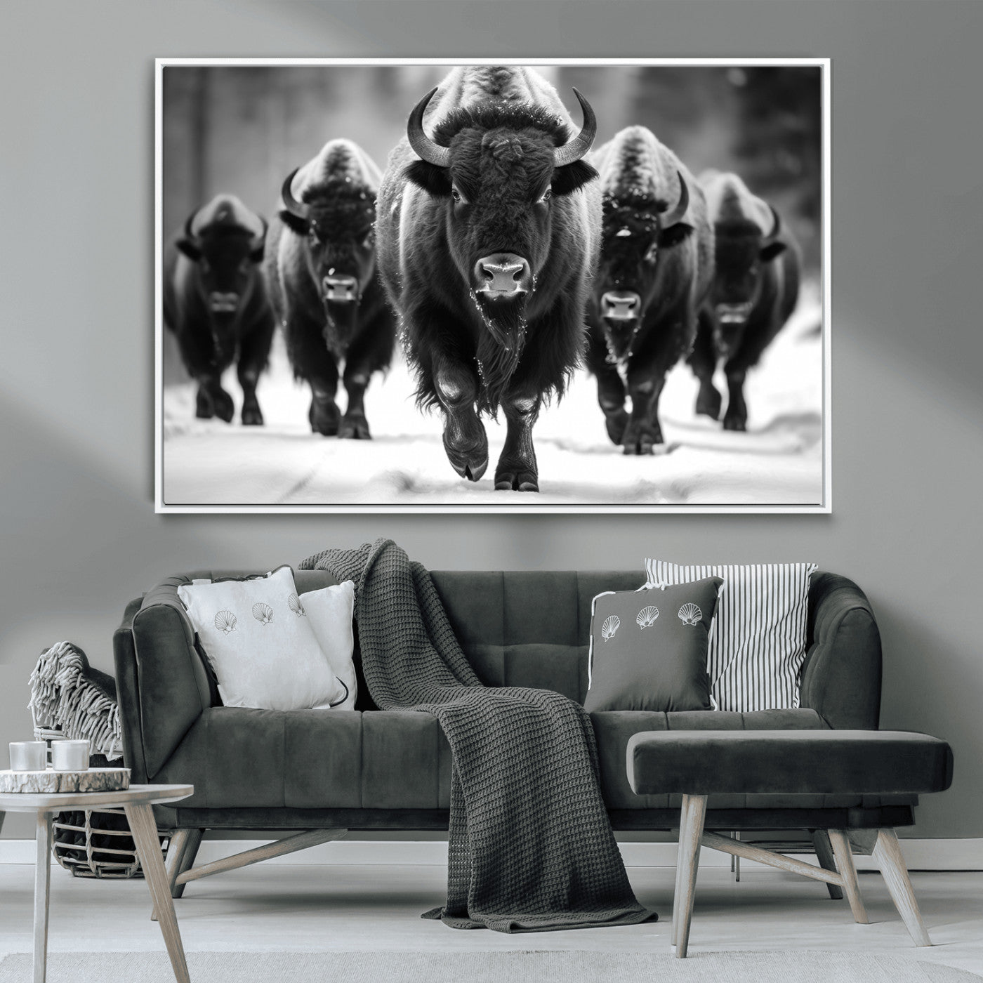 79872-MGV-CV-36X24-Bison Herd Wall Art – Black and White Buffalo on Snow Canvas Print, Rustic Wildlife Decor for Lodge, Cabin, or Living Room