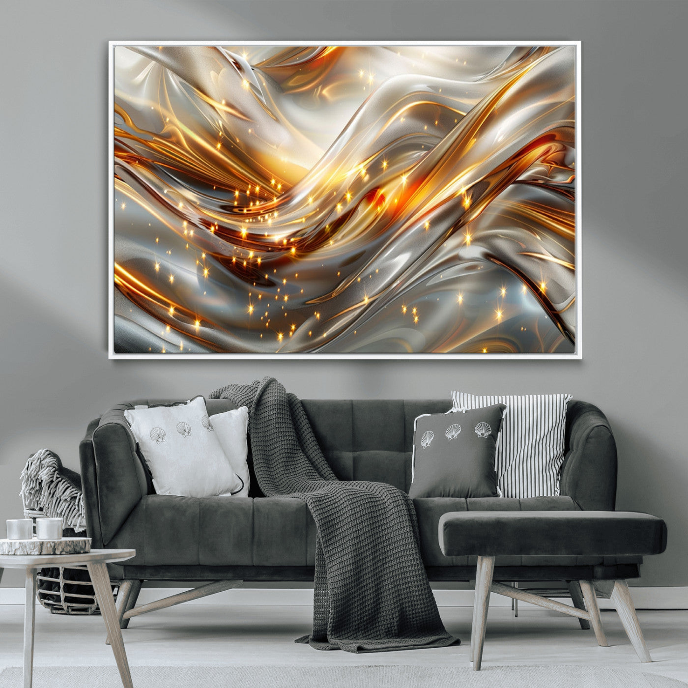 Lines1-MGV-CV-36X24-Abstract Metallic Wall Art – Silver and Gold Wave Canvas Print with Sparkling Accents, Modern Luxury Decor for Living Room, Office