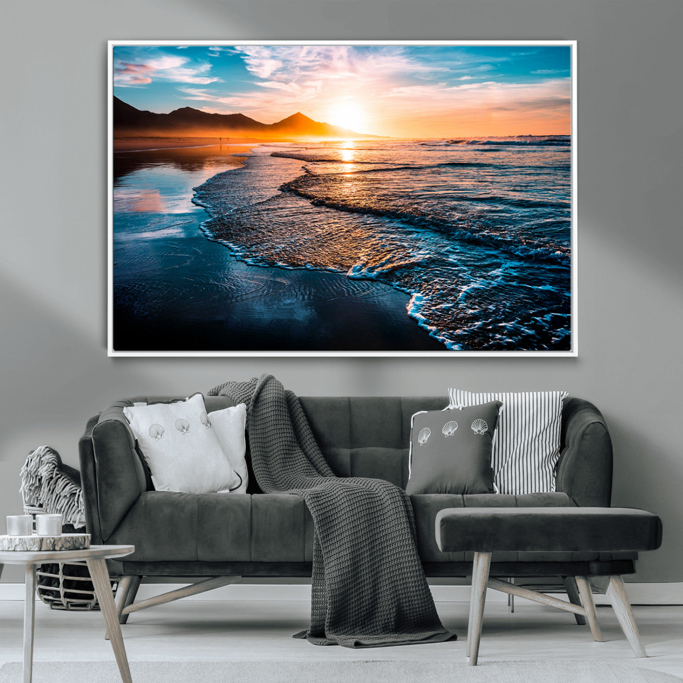 26494-MGV-CV-36X24-Ocean Sunset Wall Art – Scenic Beach Canvas Print with Waves and Mountains, Coastal Seascape Photography for Living Room, Bedroom