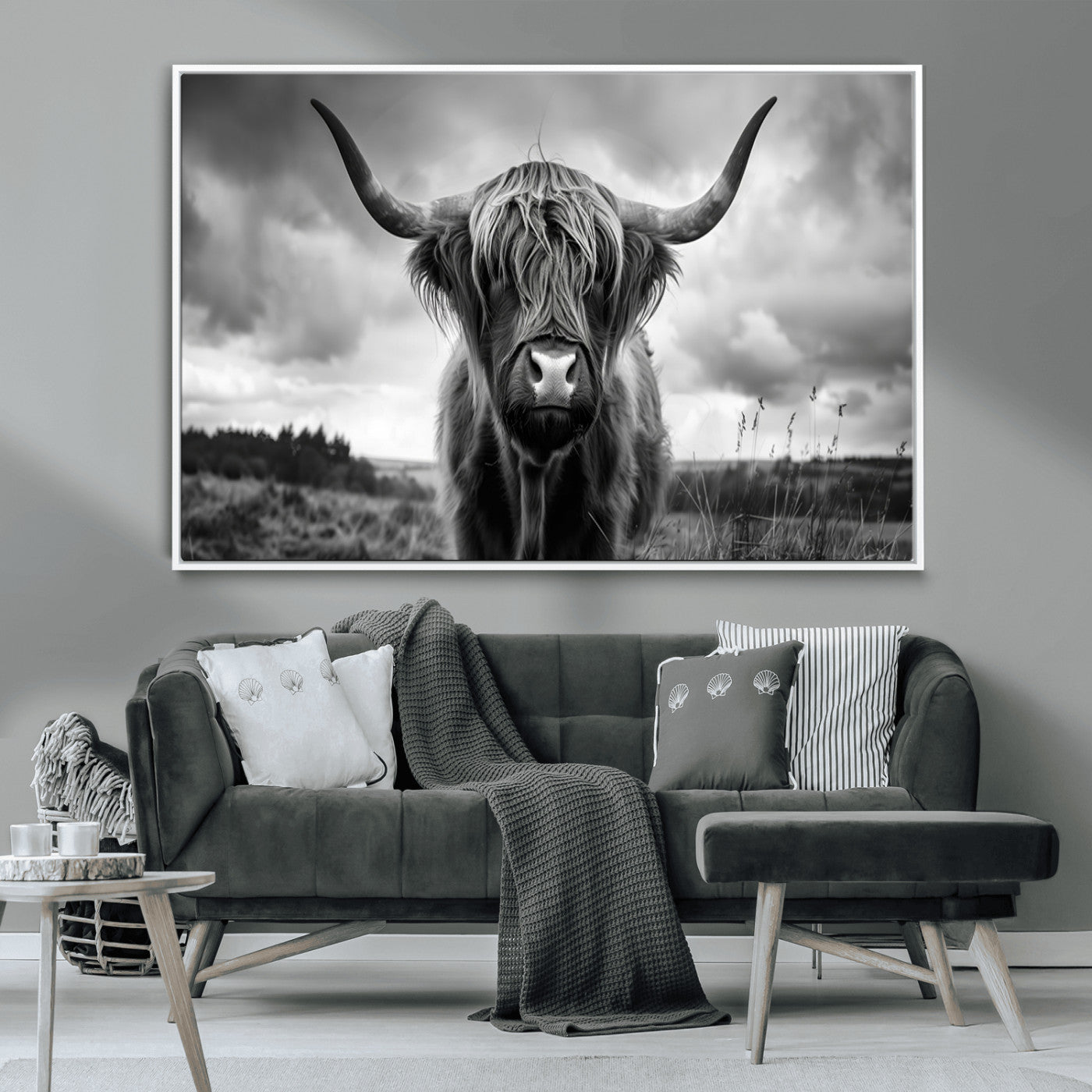 17924-MGV-CV-36X24-Highland Cow Wall Art – Black and White Rustic Longhorn Cattle Canvas Print, Farmhouse Animal Photography Decor for Country Home