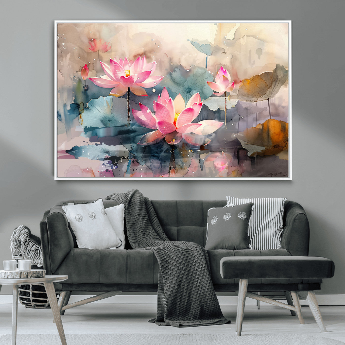 27936-MGV-CV-36X24-Lotus Pond Wall Art – Watercolor Pink Lotus Flowers Canvas Print, Tranquil Botanical Artwork for Bedroom, Living Room or