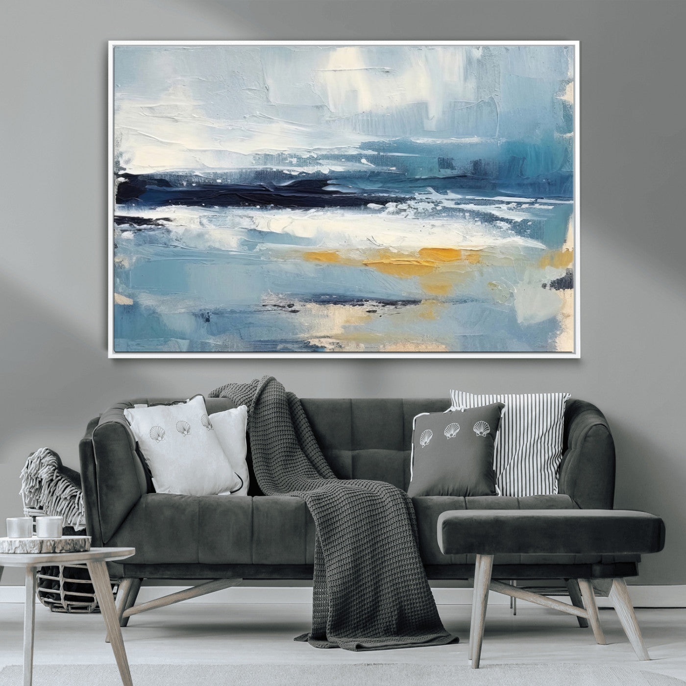 19746-MGV-CV-36X24-Abstract Ocean Wall Art – Modern Coastal Canvas Print with Blue, White and Gold Textures, Contemporary Seascape Painting for