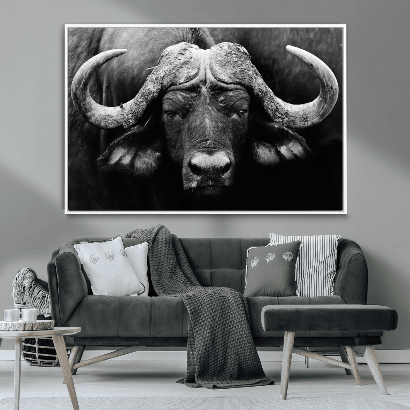 75273-MGV-CV-36X24-Buffalo Wall Art – Black and White African Buffalo Canvas Print, Rustic Wildlife Animal Artwork for Farmhouse, Living Room,