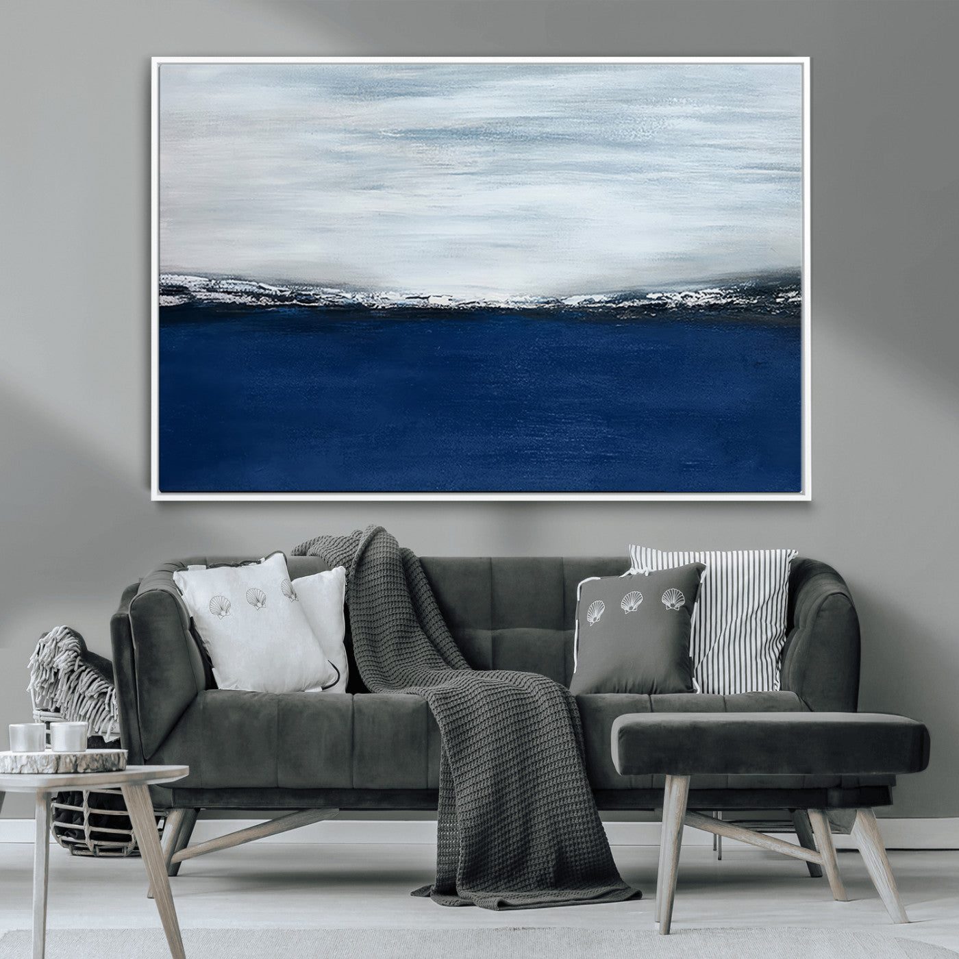 62197-MGV-CV-36X24-Abstract Ocean Wall Art – Minimalist Blue and White Canvas Print, Modern Coastal Seascape Painting for Bedroom, Living Room or