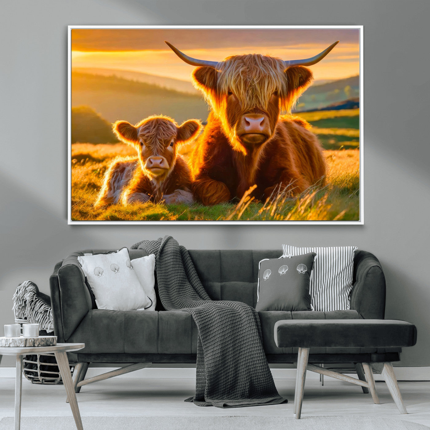 20567-MGV-CV-36X24-Highland Cow and Calf Wall Art – Rustic Farmhouse Sunset Cattle Canvas Print, Country Animal Artwork for Living Room, Bedroom, or