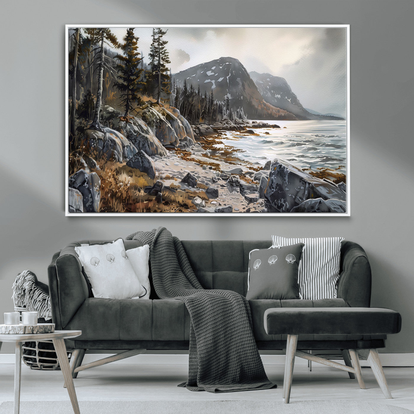 41281-MGV-CV-36X24-Rocky Shoreline Wall Art – Panoramic Mountain Coast and Forest Canvas Print, Rustic Nature Landscape Decor for Cabin, Lodge, or