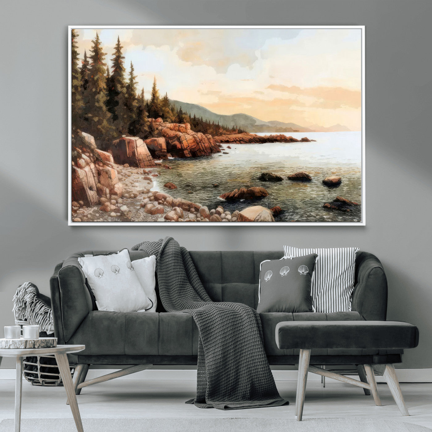 77145-MGV-CV-36X24-Coastal Landscape Wall Art – Panoramic Rocky Shoreline and Pine Trees Canvas Print, Rustic Nature Decor for Cabin, Lodge, Office,