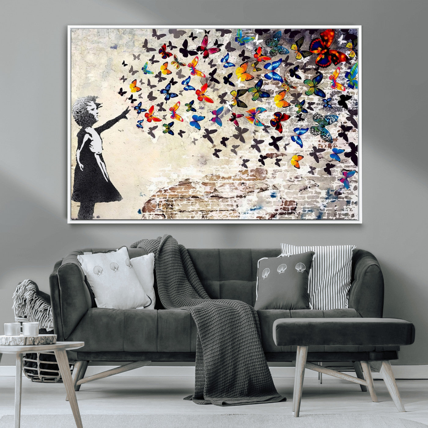 97895-MGV-CV-36X24-Girl with Butterflies Wall Art – Colorful Street Art Style Canvas Print, Modern Graffiti-Inspired Butterfly Artwork for Living