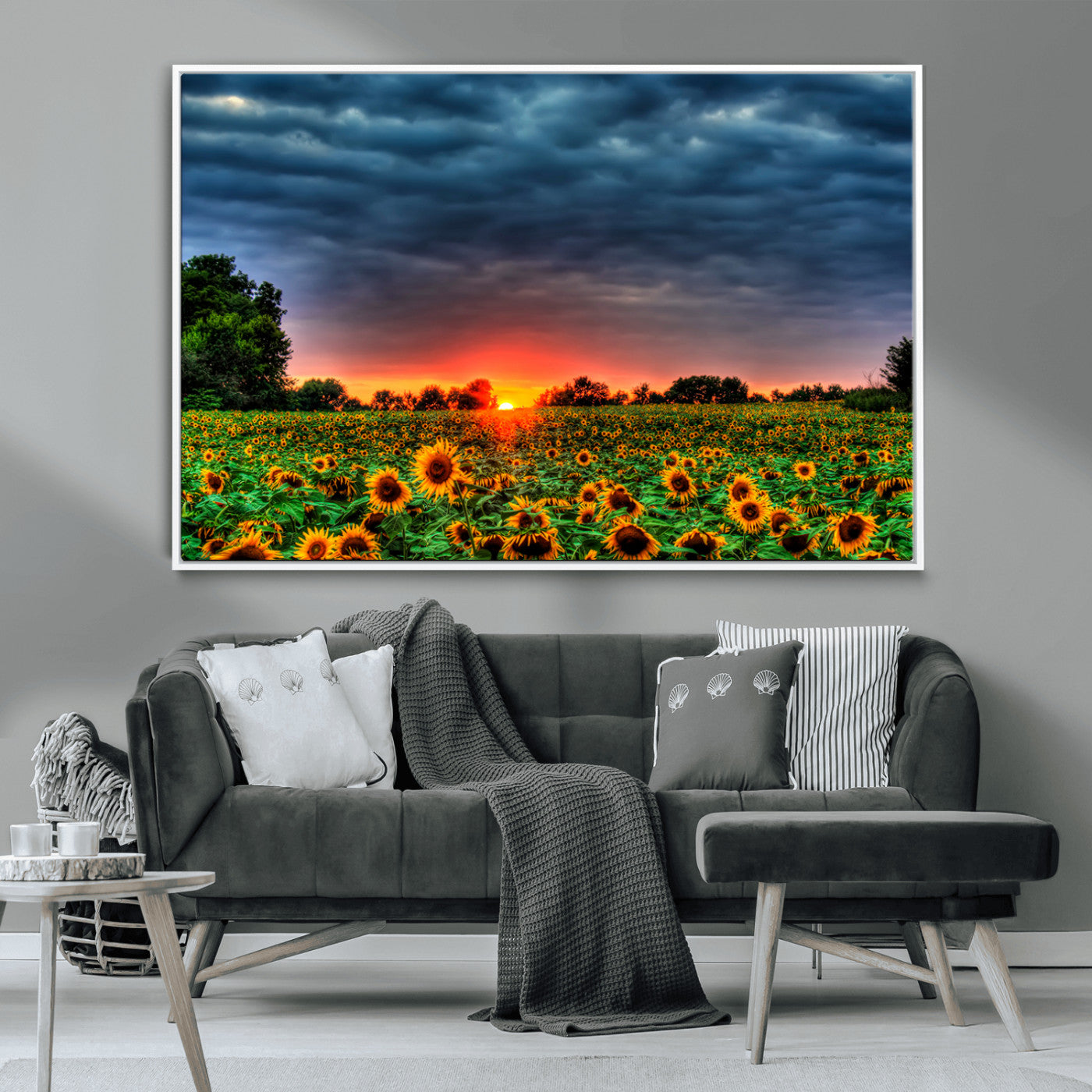 45045-MGV-CV-36X24-Sunflower Field Sunset Wall Art – Dramatic Stormy Sky Landscape Print, Vibrant Yellow Floral Nature Canvas for Living Room,