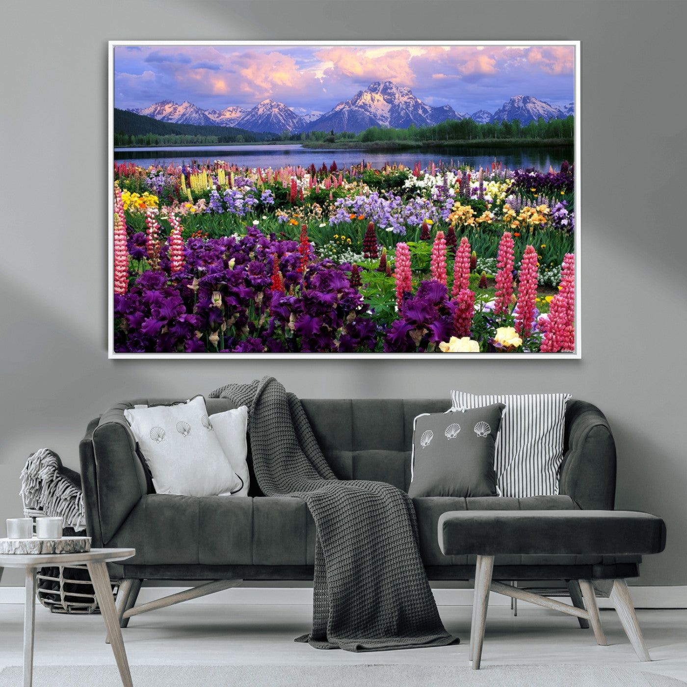 82270-MGV-CV-36X24-Colorful Wildflower Meadow Landscape Wall Art – Snow-Capped Mountain Lake Sunset Print, Vibrant Nature Artwork for Living Room,