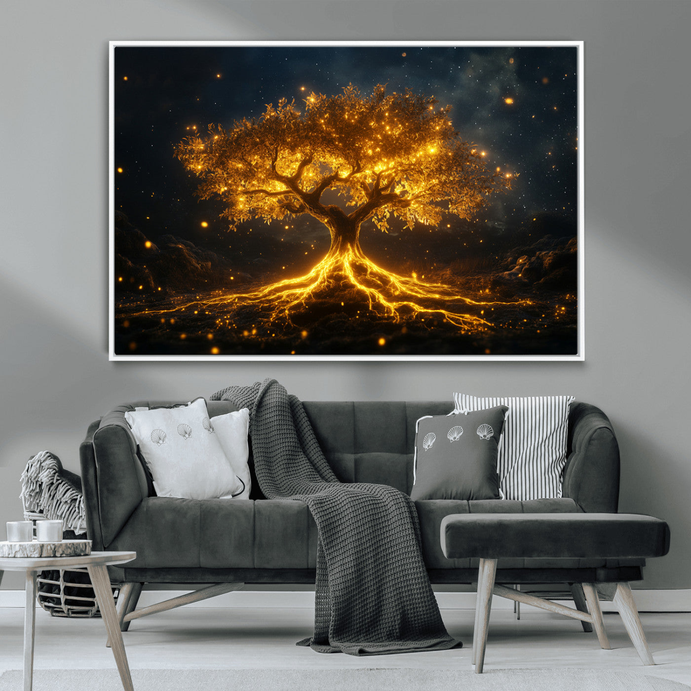 60194-MGV-CV-36X24-Glowing Tree Wall Art – Golden Roots Fantasy Canvas Print, Mystical Illuminated Tree Painting Poster for Living Room, Bedroom,