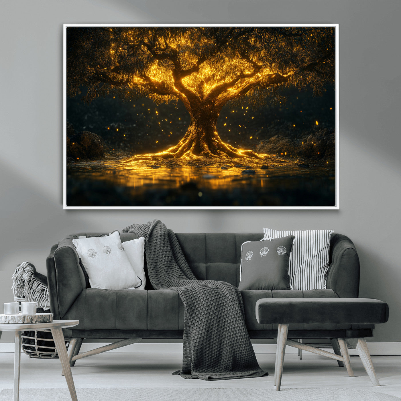 59580-MGV-CV-36X24-Glowing Tree Wall Art – Golden Fantasy Nature Canvas Print, Mystical Illuminated Tree Painting Poster for Living Room, Bedroom,