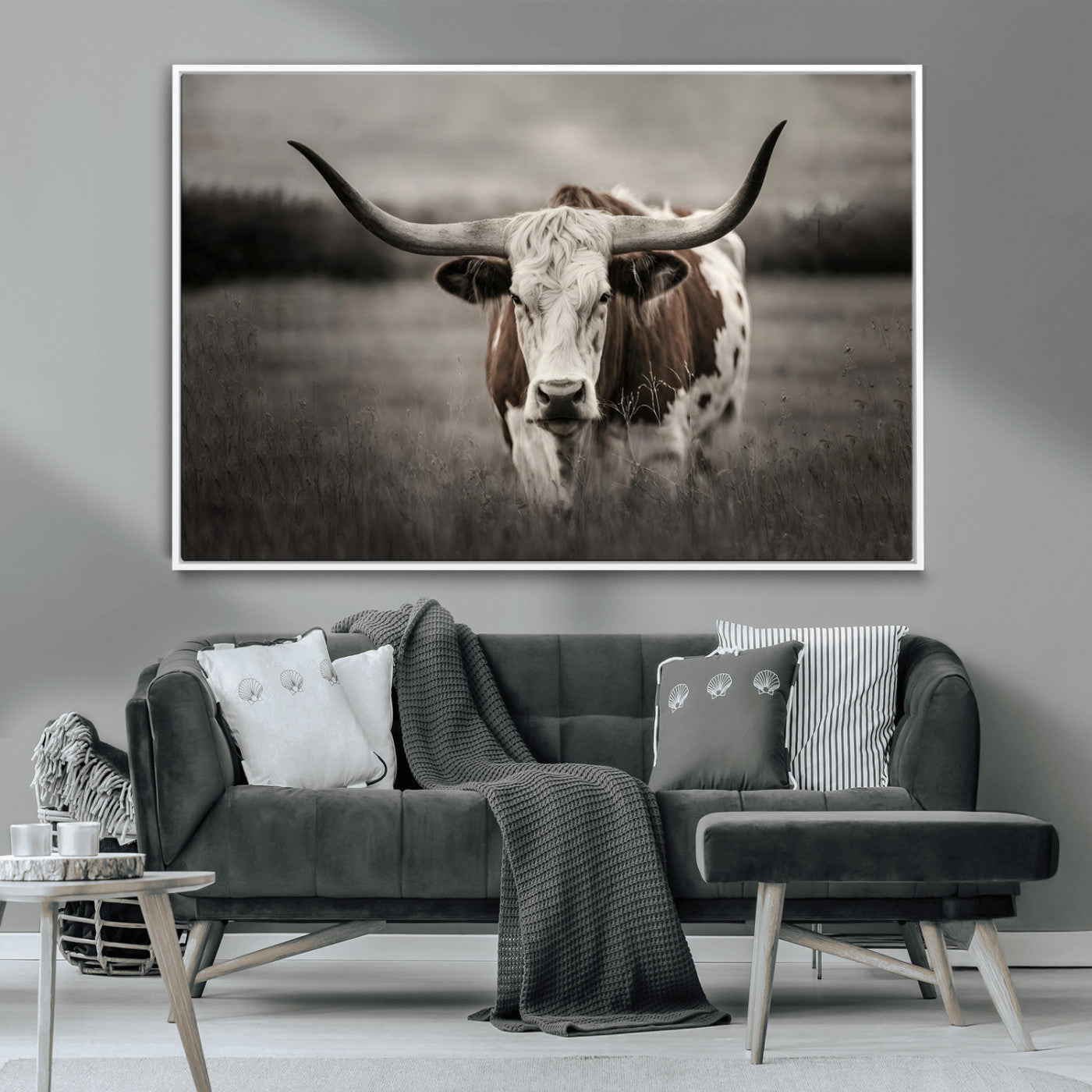 69238-MGV-CV-36X24-Longhorn Bull Wall Art – Rustic Black and White Texas Cattle Canvas Print, Western Farmhouse Animal Photography for Living Room,