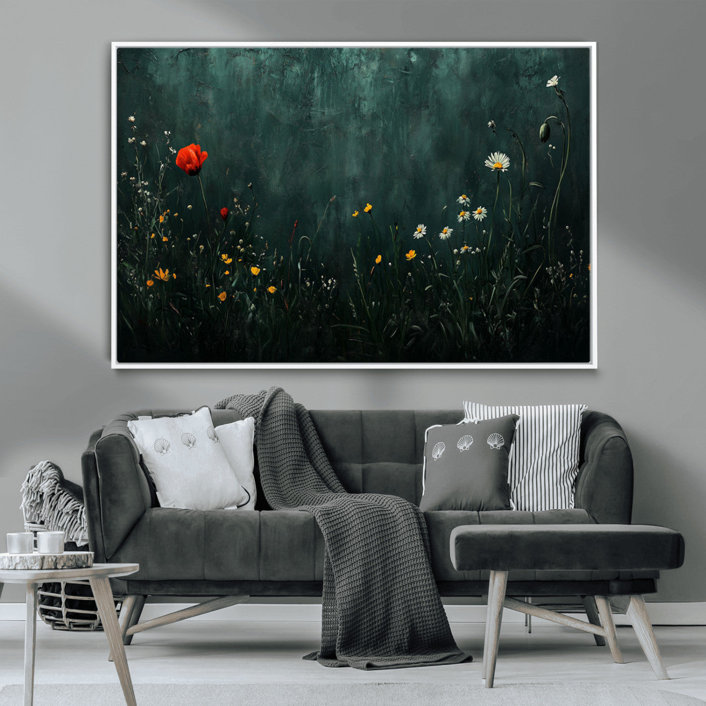 26218-MGV-CV-36X24-Wildflower Wall Art – Dark Botanical Floral Canvas Print, Modern Nature Painting Poster with Daisy Poppy Yellow Flowers for Living